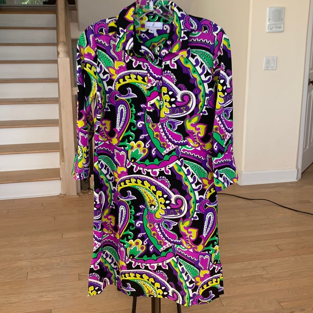 MARDI GRAS dress! 💜💚💛 EUC Jude Connally sz S collared 3/4 sleeve purple paisley
